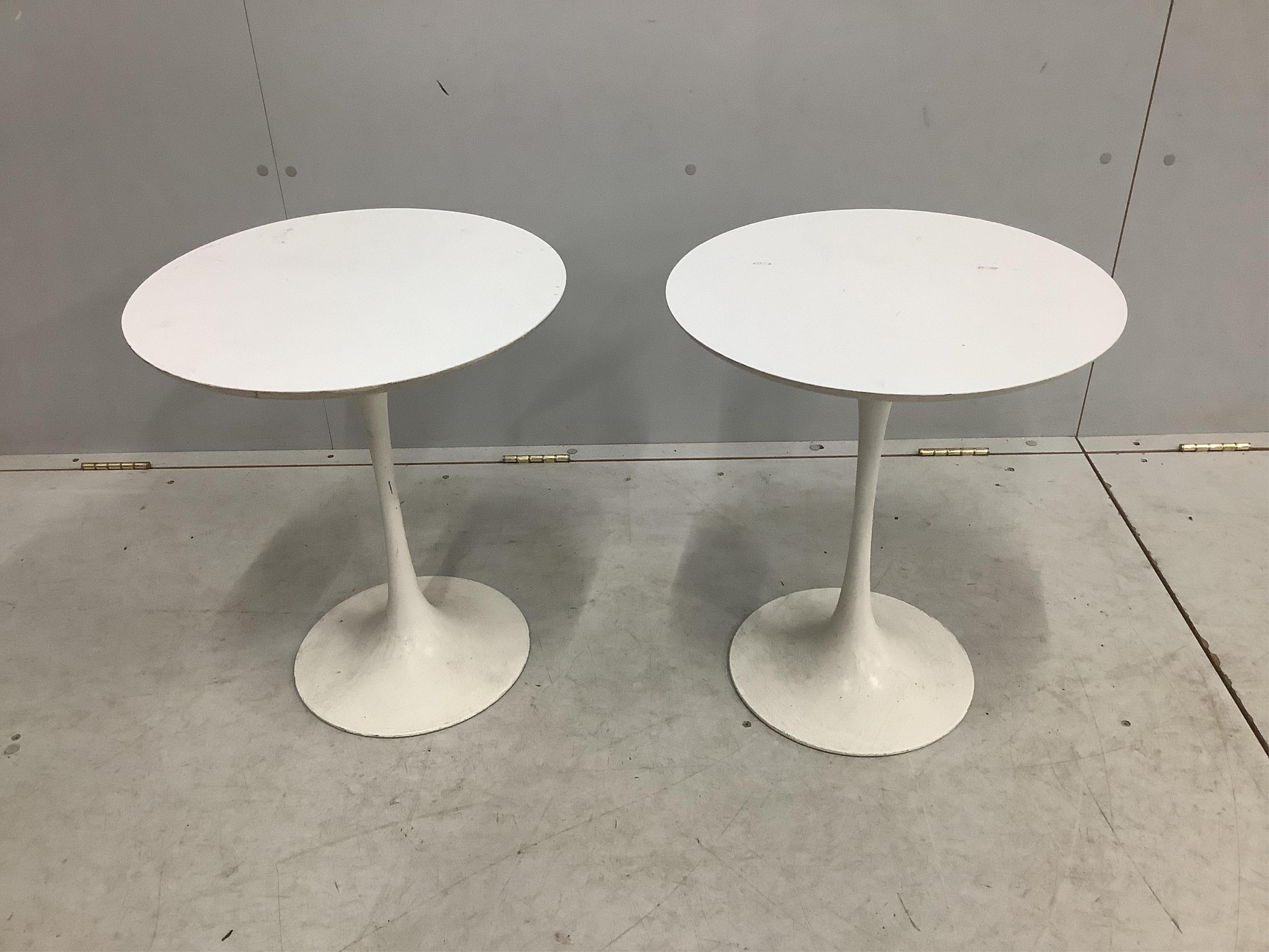 A pair of circular Arkana Tulip occasional tables, diameter 44cm, height 51cm together with a similar stool. Condition - fair